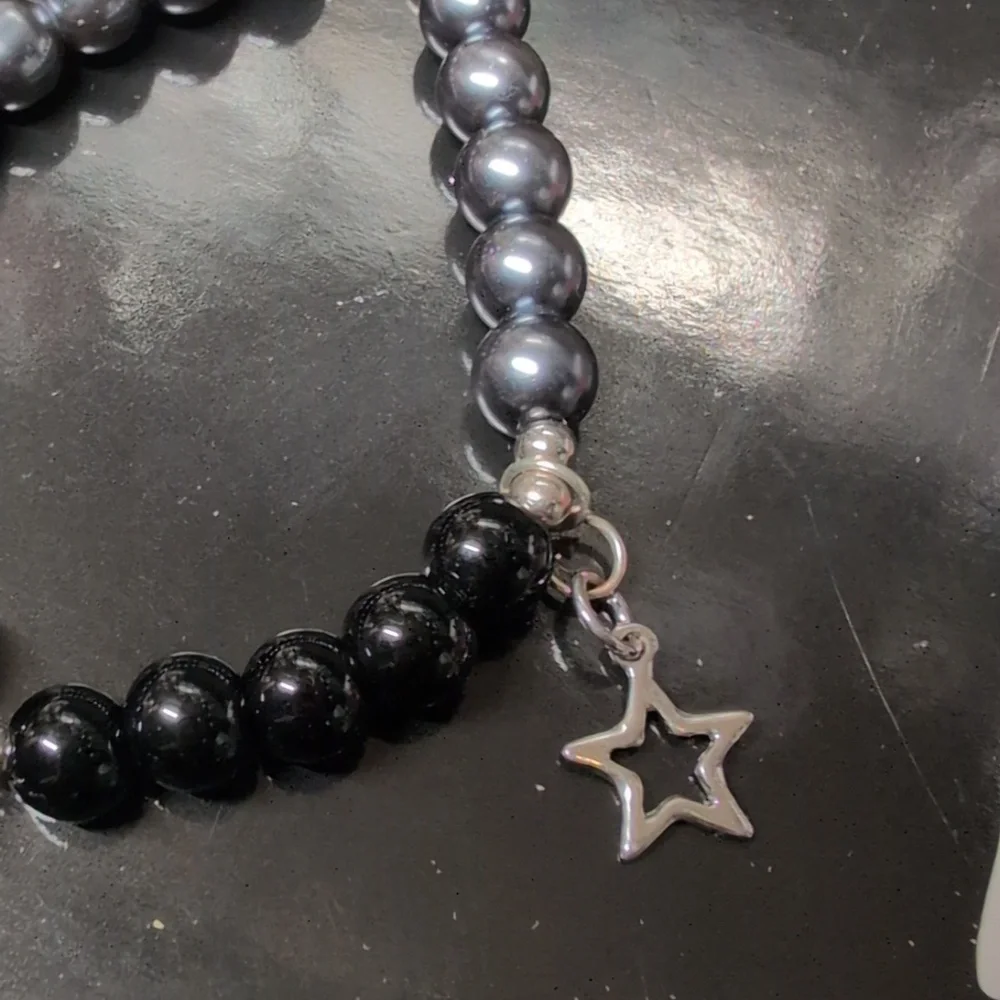 Black and Gray Beaded Rock And Roll Bracelet with Charms - Picture 3 of 4
